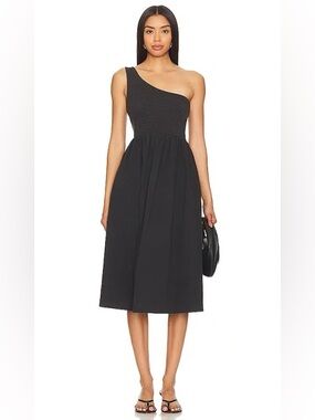 NATION LTD Women’s Connie One Shoulder Smocked Cotton Dress in Black Size M